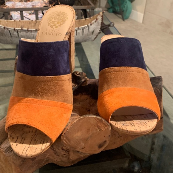 New Vince Camuto Vella Color Block Leather Slide Mule Cork Heel Slip On Peep Toe - Picture 5 of 8